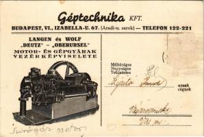 Géptechnika Kft. Langen & Wolf, Deutz Oberursel motor és gépgyárak vezérképviseletének reklámja. Mindennemű motoralkatrészek. Budapest VI. Izabella utca 67. / Hungarian machinery factories general agency (felületi sérülés / surface damage)