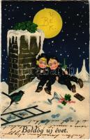 1934 Boldog Újévet / New Year greeting art postcard with drunk chimney sweepers on the roof (EK)