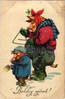 1929 Boldog Újévet / New Year greeting art postcard with musician pigs (fl)