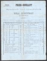 cca 1870 Oedenburg (Sopron), Leidenfrost Ignác: Tűzhely és sütő árjegyzék ("Preis-courant der Sparherd- und Ofen-Fabrik des Ignaz Leidenfrost in Oedenburg"), német nyelven, hajtott, 1 sztl. lev.