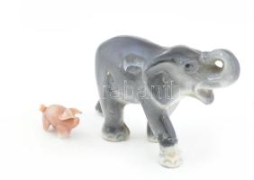 2 db porcelán állatfigura: elefánt, részben lekopott jelzéssel, 5,5 cm + miniatűr malac, 1 cm