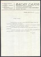 1939 Orosháza, Zalay Lajos "Megváltó" gyógyszertára fejléces levélpapír, a gyógyszertáros magánjellegű gépelt soraival és autográf ceruzás aláírásával.