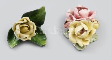 Herendi porcelán rózsa. Kézzel festett, jelzett (100 éves jubileum, 1939.), a levél szára sérült, 7x6x4,5 cm + Kézzel festett porcelán virág, jelzés nélkül, 8x5,5x3,5 cm