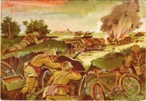 Pardi József tizedes, páncéltörő-ágyús rajparancsnok, kerékpárosok segítségével három ellenséges harckocsit tett ártalmatlanná / WWII Hungarian military art postcard s: Németh N. (EK)
