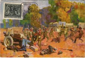 Sasvári Mihály tűzmester járőrével erős szovjet különítményen ütött rajta s tehergépkocsikat, löveget és mozgókonyhát zsákmányolt / WWII Hungarian military art postcard s: Juszkó + "Haditudósító Kiállítás a Pesti Vigadóban 1943" So. Stpl. (EK)