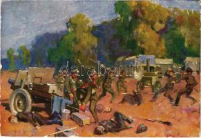 Sasvári Mihály tűzmester járőrével erős szovjet különítményen ütött rajta s tehergépkocsikat, löveget és mozgókonyhát zsákmányolt / WWII Hungarian military art postcard s: Juszkó + "Haditudósító Kiállítás Nagyvárad 1943" So. Stpl. (EB)