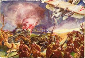 1943 Potyondi László főhadnagy, repülőgépvezető, vakmerő alacsonytámadással ellenséges menetoszlopot szórt szét / WWII Hungarian military art postcard + "Haditudósító Kiállítás Győr 1943" So. Stpl. (EM)