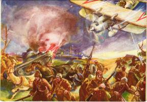 Potyondi László főhadnagy, repülőgépvezető, vakmerő alacsonytámadással ellenséges menetoszlopot szórt szét / WWII Hungarian military art postcard (EK)