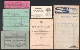 cca 1928-1929 Vegyes autós számla, reklám nyomtatvány boríték ...stb. (Mi is az a motalko?, Tata-Tóváros Esterházy szálloda garage jegy, Zupka Antal autókarosszéria és kocsigyár prospektus, Victoria Automobil-Művek és Karosszéria Gyár boríték...stb.), összesen 10 db.