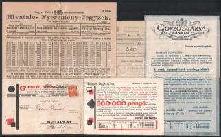 cca 1920-1930 Vegyes Gorzo és Társa Bankház papírok, 5 db.