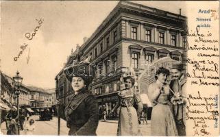 1904 Arad, Nemzeti színház, utca, villamos, Hoffmann Sándor divatáruház üzlete, Fehér Kereszt szálloda. Bloch H. kiadása, montázs / theatre, street, shops, hotel, tram (kis szakadás / small tear)