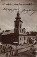 1902 Arad, Az egykori katolikus templom a központban a bontás évében, városi vasút, vonat, piac. "Az utolsó szentmise emlékére" / Catholic church in the year of demolition, urban railway, train, market. Weisz Hugó photo (vágott / cut)