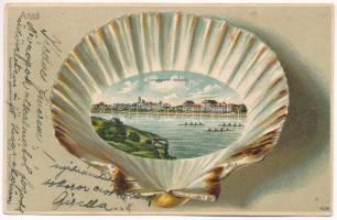 1909 Arad, Marosparti részlet evezősökkel. Kerpel Izsó kiadása, kagylós montázs, dombornyomott szecessziós litho / Mures riverside. Druck Kunstanstalt Rosenblatt Art Nouveau shell montage, Emb. litho (lyuk / pinhole)