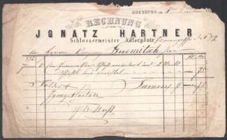1875 Hartner Ignác soproni lakatosmester fejléces számlája, hajtott, foltos, az utolsó lap szélén ki...