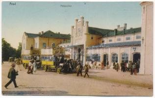 1910 Arad, Pályaudvar, vasútállomás, Aradon gyártott emeletes buszok / railway station, double-decker autobuses (r)