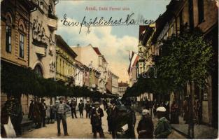 1913 Arad, Deák Ferenc utca, üzletek. Husserl M. kiadása / street view, shops (EK)