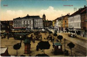 1915 Arad, Szabadság tér, piac, lóvasút, Limbeck János és Fia, Moskovits üzlete. Kerpel Izsó kiadása / square, market, horse-drawn tram, shops (ázott / wet damage)