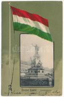 1902 Arad, Szabadság szobor. Szecessziós magyar zászlós litho keret / statue, monument. Art Nouveau litho frame with Hungarian flag (EK)