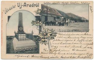 1904 Arad, Újarad, Új-Arad, Aradul Nou; Skultéty síremléke, Fő utca, Rigler János üzlete. Mayr Lajos kiadása / monument, main street, shops. Art Nouveau, floral (EK)