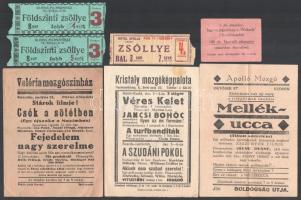 cca 1920-1940 Vegyes mozi tétel, 7 db, közte prospektusok (Apolló Mozgó, Kristály Mozgóképpalota, Valéria mozgószínház), és jegyek (Gloria Filmszínház, Royal Apolló.) + 1961 Láng az utcákon Mokép Filmismertető, 4 p.