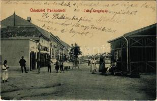1908 Pankota, Pancota; Csiky Gergely út, üzlet, piaci árusok. W.L. Bp. 5423. / street, shops, market vendors (EB)