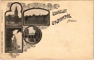 Gyorok, Ghioroc; Római katolikus templom, Református templom, Sármezey villa, Gróf Nádasdy kastély a kaszinóval. Sáfrán Emil kiadása. Bloch H. nyomása / Catholic church, Calvinist church, villa, castle, casino. Art Nouveau, floral (EK)