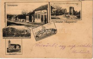 1902 Világos, Siria; 1190. évi Világos-völgyi apátság-templom romjai, Fő utca és üzlethelyiség, Bohus kastély (melyben a világosi fegyverletétel szerződése 1849-ben aláíratott), Várrom. Csaballa Gábor kiadása / abbey ruins in the valley, main street and shop, castle, castle ruins. Art Nouveau (fl)