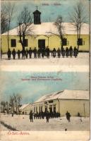 Ószentanna, Komlós, Ókomlós, Comlaus (Újszentanna, Santana); Iskola télen, Rencz Ferenc üzlete / Schule, Spezerei- und Eisenwaaren-Handlung / school, street view, shop in winter (non PC) (r)
