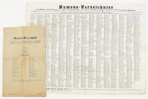 1872 A Soproni Takarék- és Kölcsön-Egylet tagnévsora és bizottsági tagnévsora, 2 db német nyelvű nyomtatvány, 44x58 cm, 34x21 cm