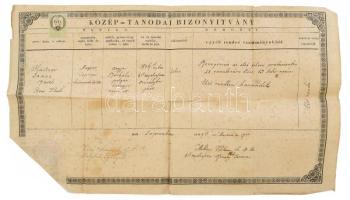 1847 Sopron , Közép-tanodai bizonyítvány, 6 kr okmánybélyeggel, magyar nyelven, hajtott, foltos.