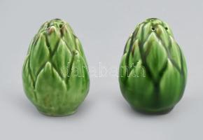 Articsóka alakú fajansz sóborsszóró pár, dugókkal, kopással, m: 6 cm