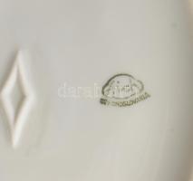 Porcelán konyhai fali tartóedény, "Morzsa" felirattal, kézzel festett mintával, fa fedélle...