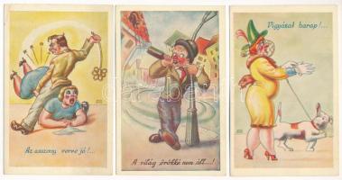 5 db régi magyar humoros művészlap Kaszás Jámbor grafikáival / 5 pre-1945 Hungarian humorous art postcards