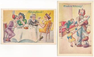 5 db régi magyar humoros művészlap Kaszás Jámbor grafikáival / 5 pre-1945 Hungarian humorous art pos...