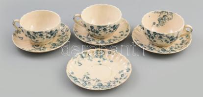 cca 1886-1905 William A. Adderley & Co. angol kékvirágos teáscsésze szett, 3 csésze és 4 alátét, fajansz, sérülésekkel, jelzéssel