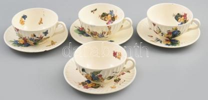 cca 1900-1920 Antik bordázott teászcsésze szett, 4 csésze és 4 alátét, jelzés nélkül, sérülésekkel