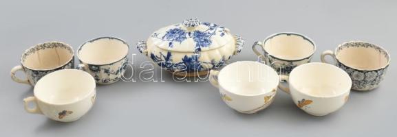 cca 1880-1900 7 darab antik angol teáscsésze + szószkínáló edény, közte jelzéssel, sérülésekkel