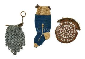 3 darab antik színházi aprópénztartó erszény, réz szerelékkel, szép állapotban, h: 10-16 cm