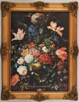 Abraham Mignon: Virágcsendélet. Modern nyomat, papír. Dekoratív, aranyozott, üvegezett keretben, 38,5x28 cm (keret: 47,5x37,5 cm)