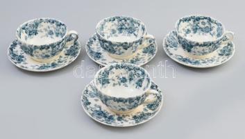 cca 1886-1905 William A. Adderley & Co. angol kékvirágos teáscsésze szett, 4 csésze és 4 alátét, fajansz, sérülésekkel, jelzéssel