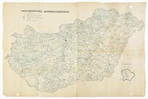 cca 1960 Magyarország autóbuszhálózata, 2 db térkép, hátoldalukon plakátokkal: "Utazzon hétről hétre más vidékre", IBUSZ reklámplakát, Gönczi-Gebhardt Tibor (1902-1994) grafikája + közlekedésbiztonsági plakát, Ikarus autóbusszal. Hajtva, sérülésekkel, részben koszos, 82,5x56,5 cm