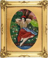 Pihenés a patakparton. Gobelin, paszpartuban, dekoratív, aranyozott, üvegezett keretben, látható méret: 45x32 cm, keret: 62x51,5 cm