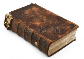 Szent Biblia, mellyet az egész keresztyénségben be-vött régi deák bötűből magyarra fordította a Jésus-alatt vitézkedő társaság-béli nagy-szombati Káldi György pap. [Nagyszombat, 1732., Academiai bötűkkel Berger Leopold,] 7-636+562 p.+15 sztl. lev. Fametszetű záródíszekkel. Második kiadás. Korabeli bordázott gerincű egészbőr-kötés, kopott borítóval, sérült gerinccel, a díszcímlap és az első lapok hiányoznak a 7 oldalig, az elülső szennylap hiányzik,a 7/8. oldal lapja laza, foltos lapokkal, a hátsó szennylap és a hátsó kötéstáblán a lap kissé sérült, néhány bejegyzéssel, régi gyűjteményi címkével, és ex libris bejegyzéssel.