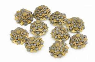 Antik gomb szett, 10 db, réz és ón elemekből összeállítva, szép állapotban, d: 4 cm