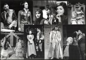 cca 1960-1980 Keleti Éva színházi fotói, össz. 15 db, rajtuk híres színészek és színésznők: Sinkovits Imre, Kern András, Törőcsik Mari, Gobbi Hilda, stb.; a hátoldalon feliratozva, 6,5x5 cm és 21x16 cm között