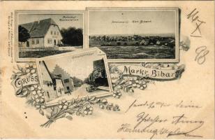 1898 (Vorläufer) Markt Bibart, Bahnhof-Restauration, Totalansicht, Hauptstrasse / railway restaurant, main street. Art Nouveau, floral (cut)