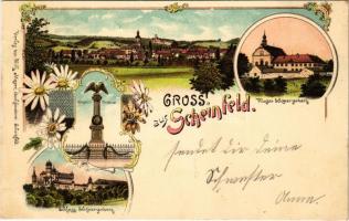 1898 (Vorläufer) Scheinfeld, Krieger-Denkmal, Kloster Schwarzenberg, Schloss Schwarzenberg. Art Nouveau, floral, litho (r)