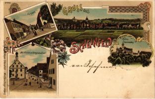 1898 (Vorläufer) Scheinfeld, Vorstadt, Marktplatz m. Kriegerdenkmal, Schloss Schwarzenberg. Art Nouveau, floral, litho (r)