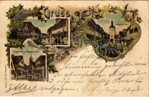 1898 (Vorläufer) Uffenheim, Ansbacher Thor, Langgasse mit Spitalkirche. Art Nouveau, floral, litho (EB)