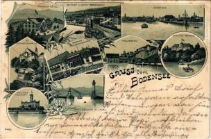 1899 (Vorläufer) Bodensee, Pfander Hotel, Bahnhof & Hafen Rorschach, Konstanz, Schloss Monfort, St. Gebhardskapelle, Hafeneinfahrt in Lindau, Bahnhof-Friedrichshafen, Schloss Mainau, Meersburg, Art Nouveau, floral, litho (EK)